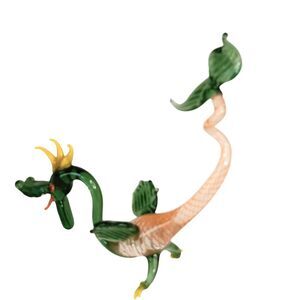 VTG Miniature Hand Blown Glass Dragon Green Yellow Orange Tongue 5" x 1.5" x 3"